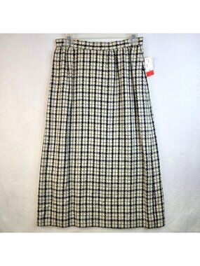 Vintage 80s Lombardy Inc. Windowpane Midi Skirt 10 Black Ivory Tweed Academia
